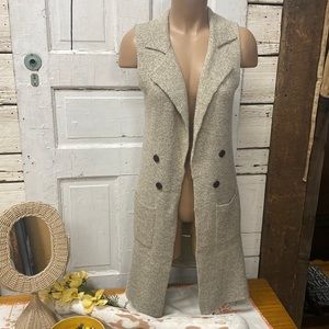 Neutral Knitted Long Sleeveless Cardigan with Pockets